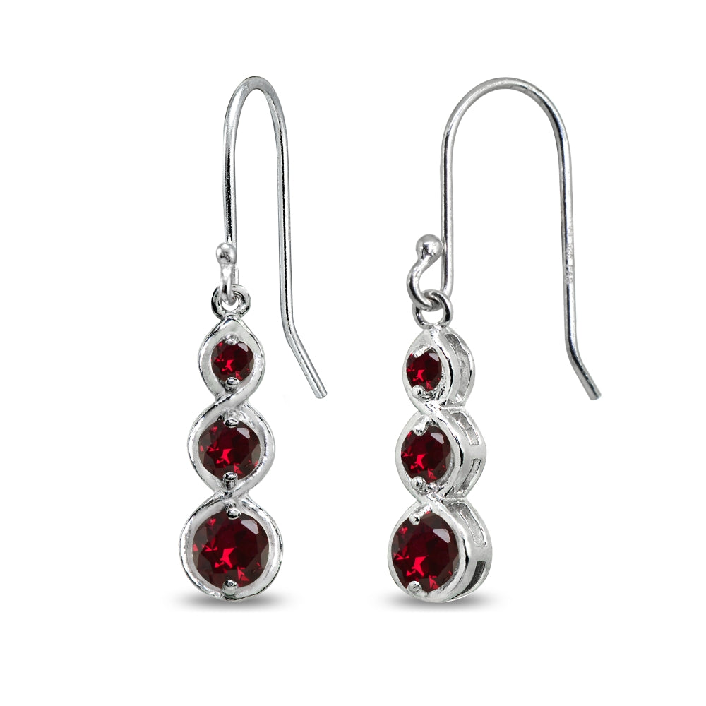 Sterling Silver Created Ruby Round Three Stone Journey Infinity Dangle Earrings