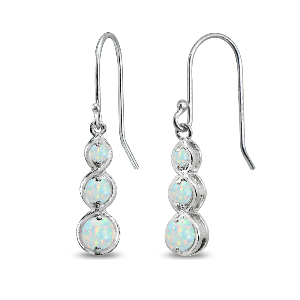 Sterling Silver Synthetic White Opal Round Three Stone Journey Infinity Dangle Earrings