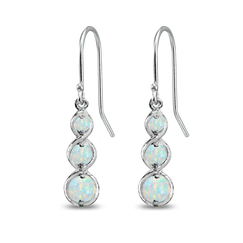 Sterling Silver Synthetic White Opal Round Three Stone Journey Infinity Dangle Earrings-3