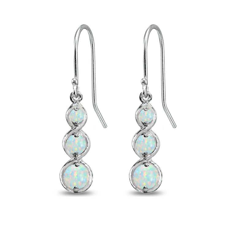 Sterling Silver Synthetic White Opal Round Three Stone Journey Infinity Dangle Earrings
