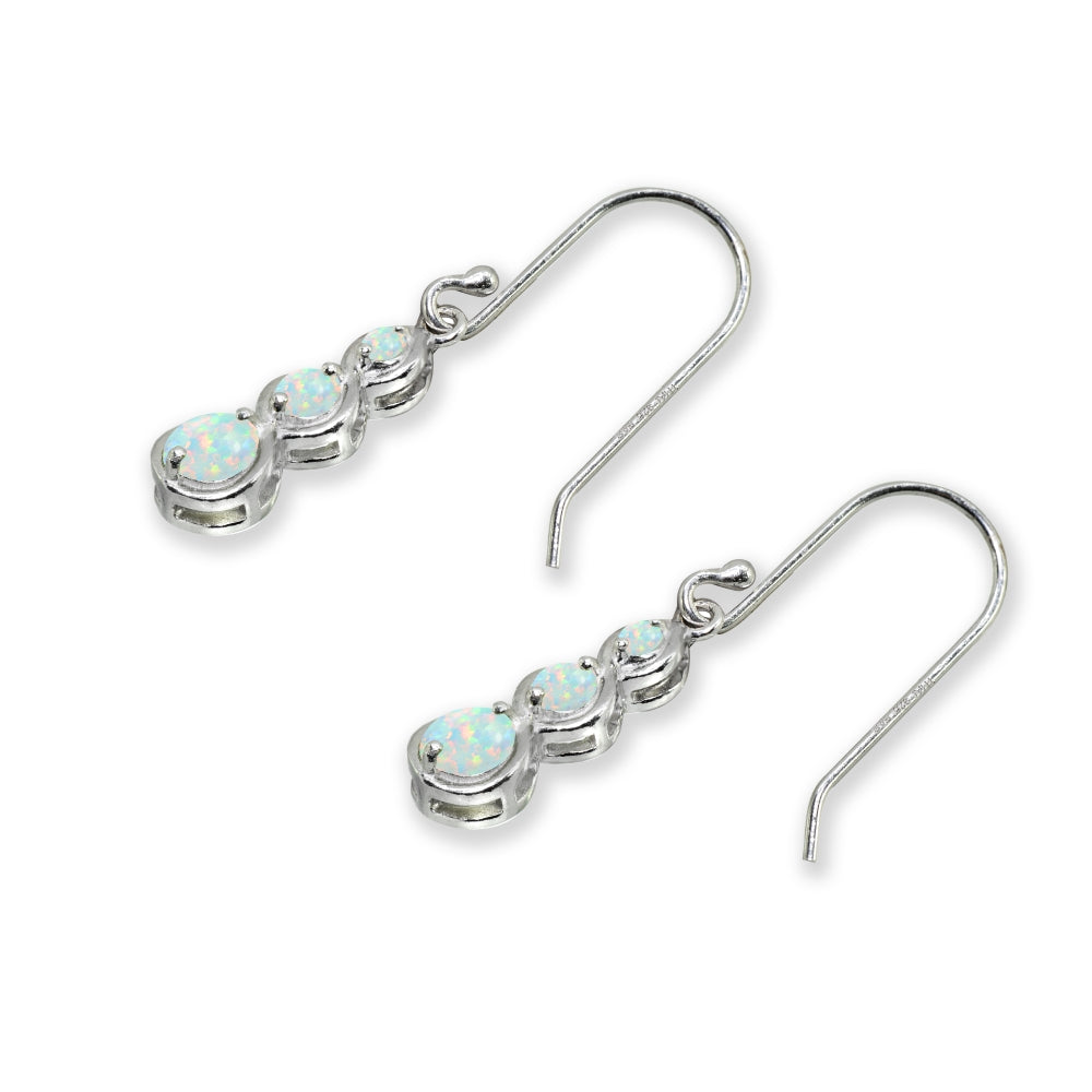 Sterling Silver Synthetic White Opal Round Three Stone Journey Infinity Dangle Earrings-4