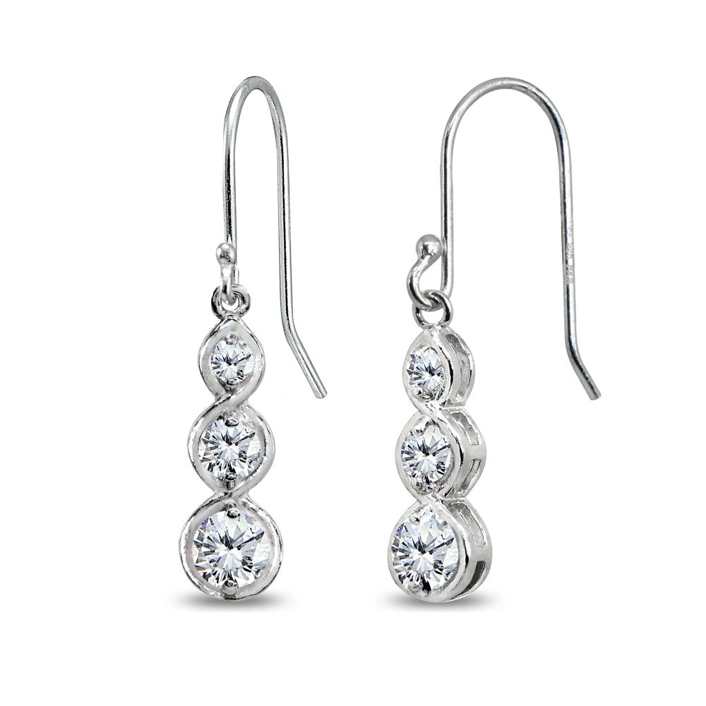 Sterling Silver Cubic Zirconia Round Three Stone Journey Infinity Dangle Earrings