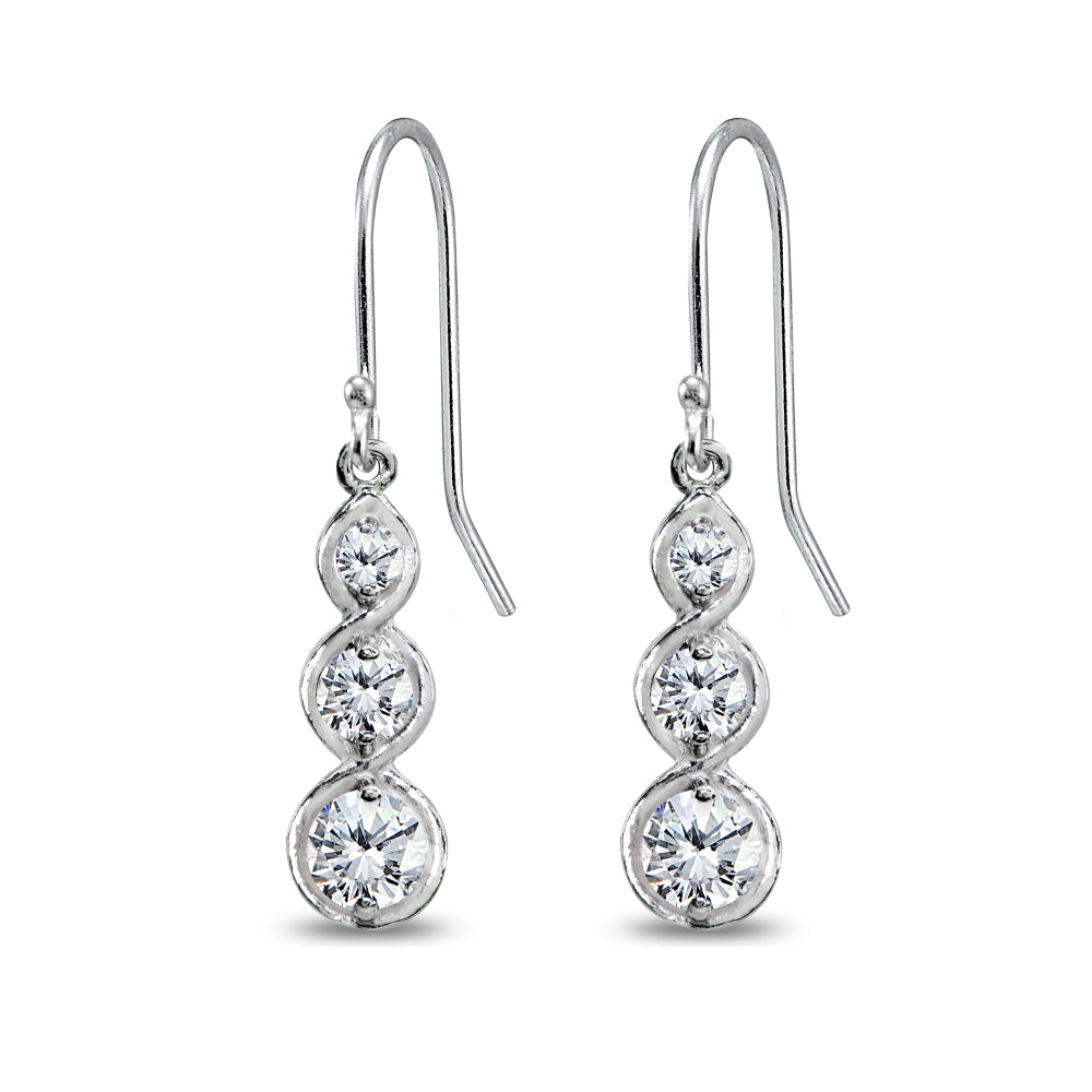 Sterling Silver Cubic Zirconia Round Three Stone Journey Infinity Dangle Earrings-3