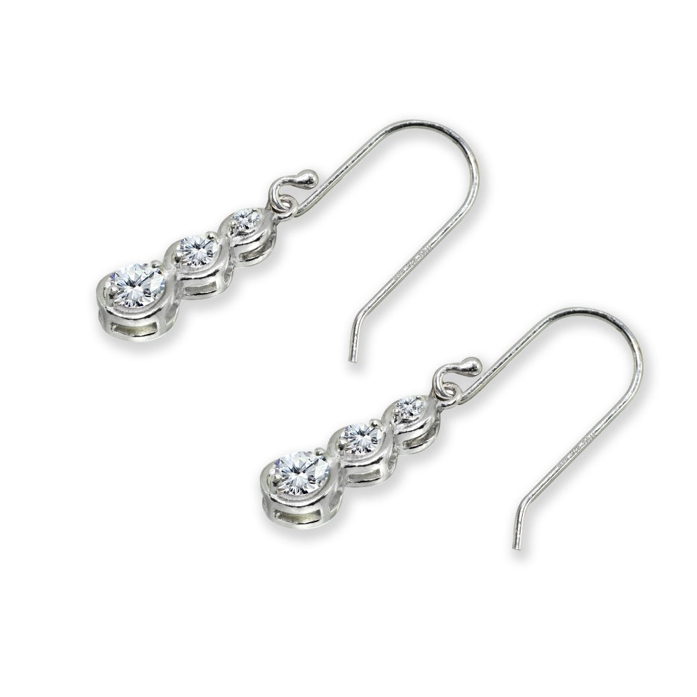 Sterling Silver Cubic Zirconia Round Three Stone Journey Infinity Dangle Earrings-4