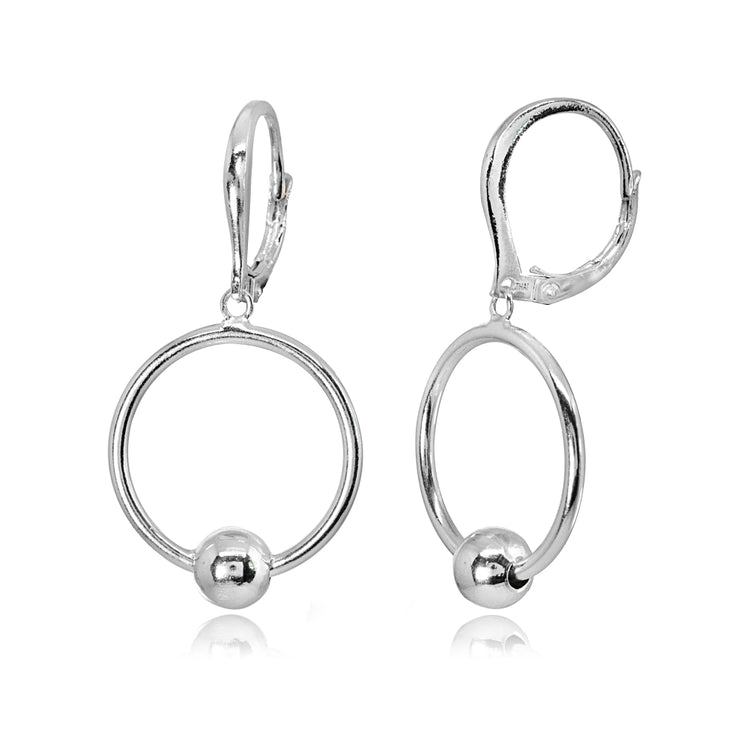 Sterling Silver Polished Frontal Hoop Circle Bead Drop Dangle Leverback Earrings