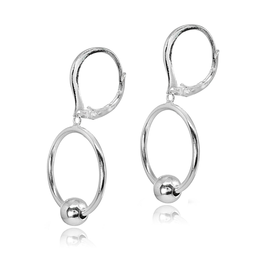 Sterling Silver Polished Frontal Hoop Circle Bead Drop Dangle Leverback Earrings-2