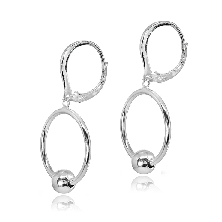 Sterling Silver Polished Frontal Hoop Circle Bead Drop Dangle Leverback Earrings