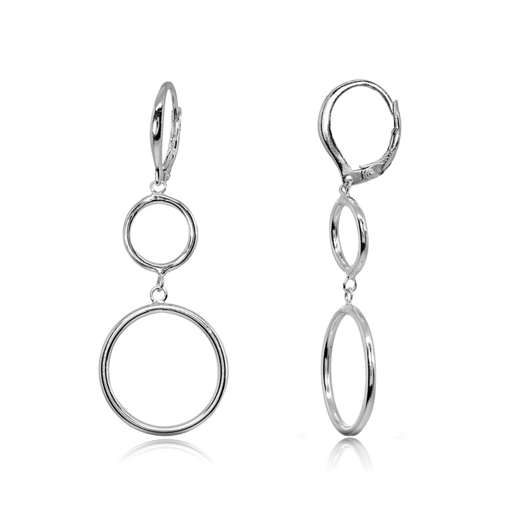 Sterling Silver Polished Double Frontal Hoops Circles Drop Dangle Leverback Earrings