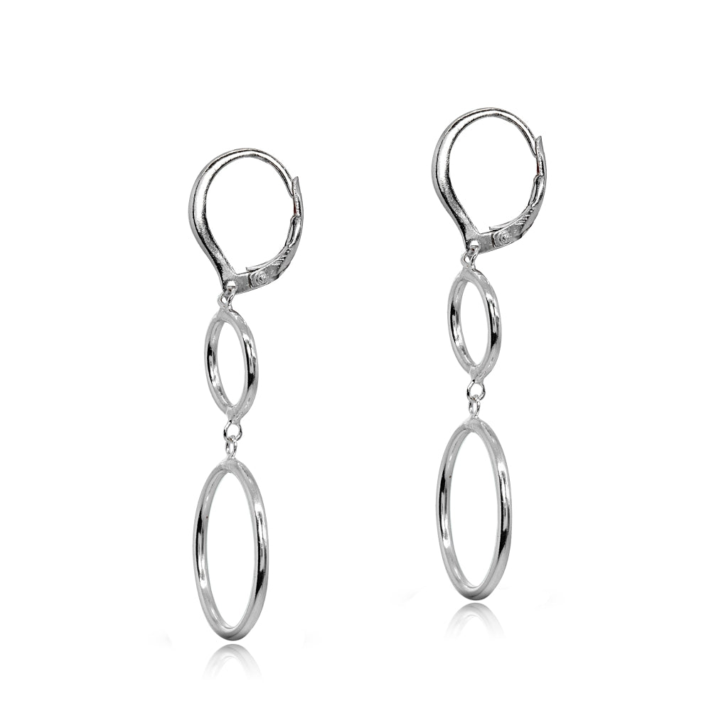 Sterling Silver Polished Double Frontal Hoops Circles Drop Dangle Leverback Earrings-2