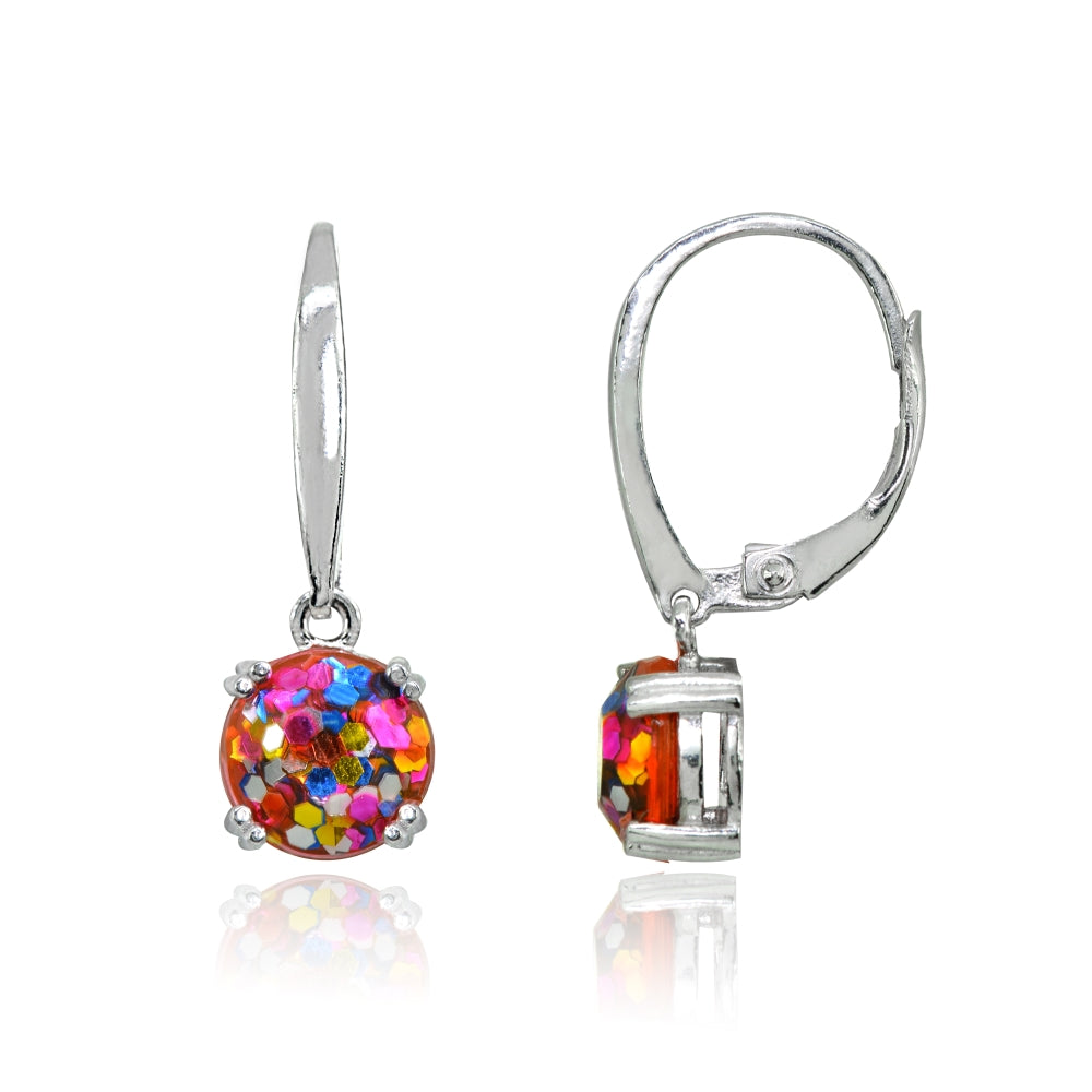 Sterling Silver Multi Color Glitter 8mm Round Dangle Leverback Earrings