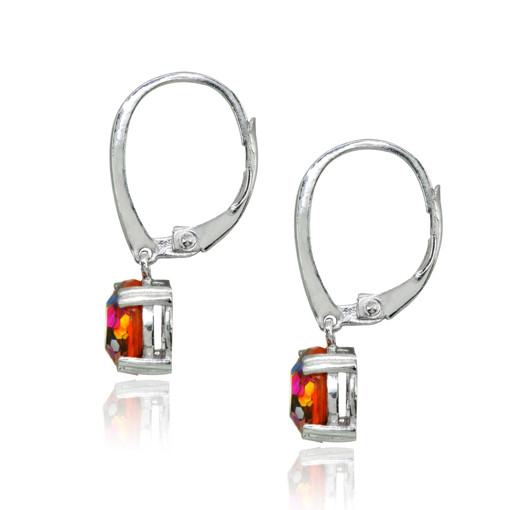 Sterling Silver Multi Color Glitter 8mm Round Dangle Leverback Earrings-2