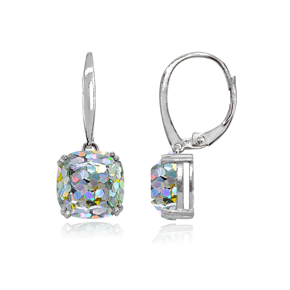 Sterling Silver White Glitter 10mm Cushion-Cut Dangle Leverback Earrings