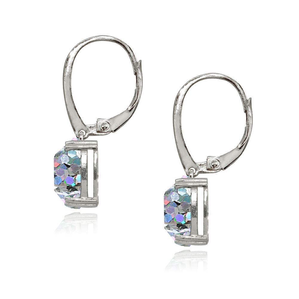 Sterling Silver White Glitter 10mm Cushion-Cut Dangle Leverback Earrings-2