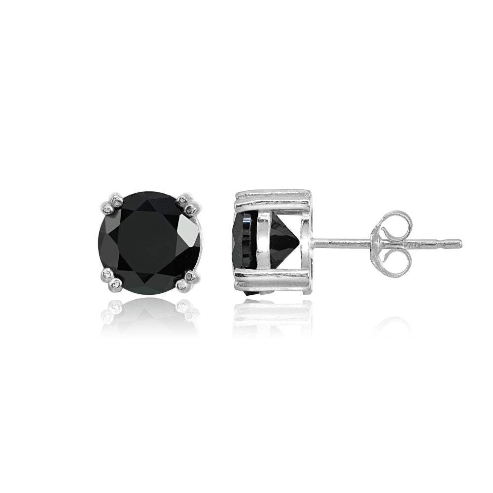 Sterling Silver Black Cubic Zirconia 8mm Round Solitaire Small Stud Earrings