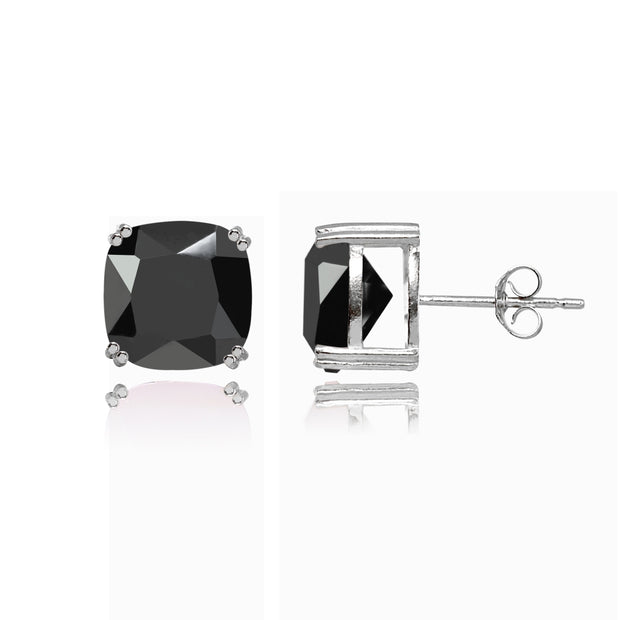 Sterling Silver Black Cubic Zirconia 10mm Cushion-Cut Solitaire Small Stud Earrings