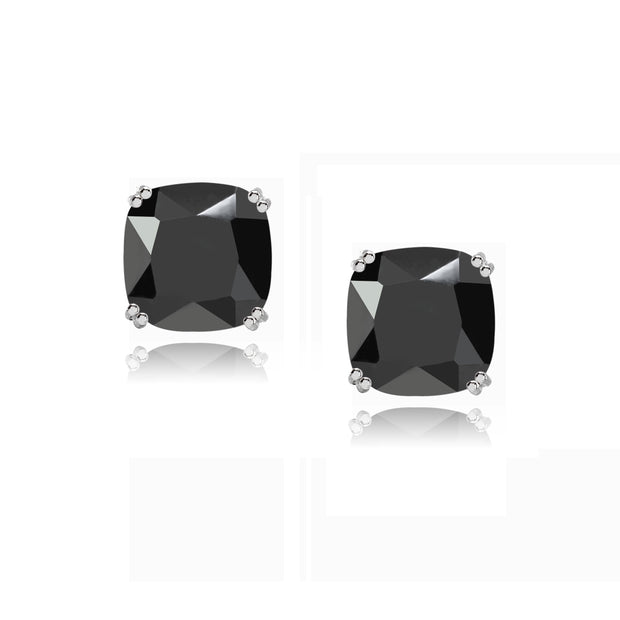 Sterling Silver Black Cubic Zirconia 10mm Cushion-Cut Solitaire Small Stud Earrings