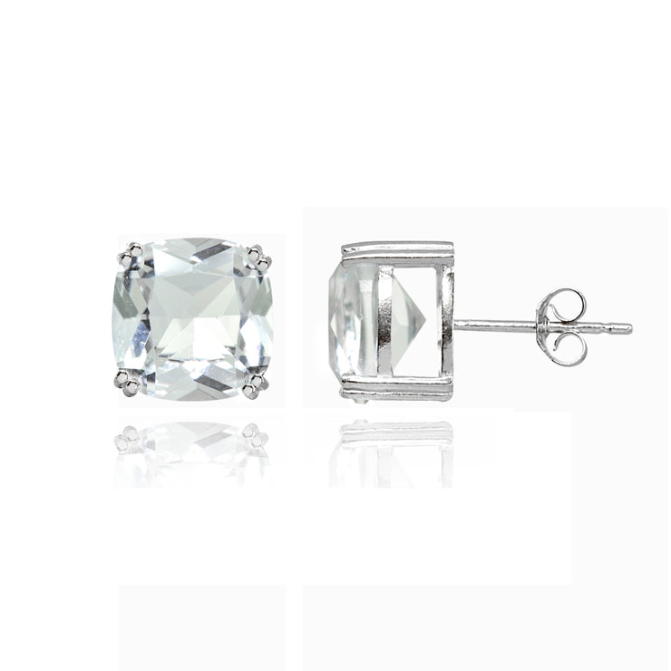 Sterling Silver Clear Crystal 10mm Cushion-Cut Solitaire Small Stud Earrings