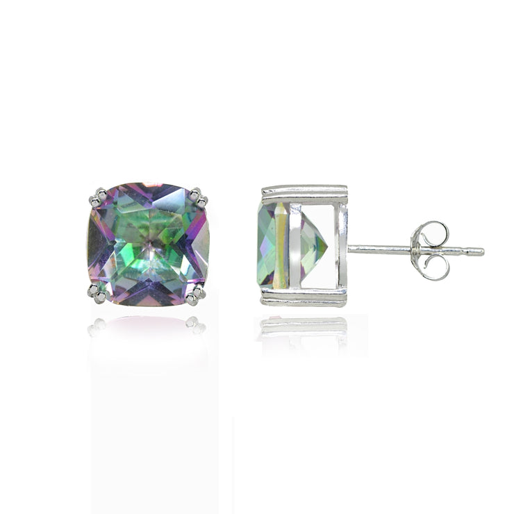 Sterling Silver Created Mult Colored Topaz 10mm Cushion-Cut Solitaire Small Stud Earrings