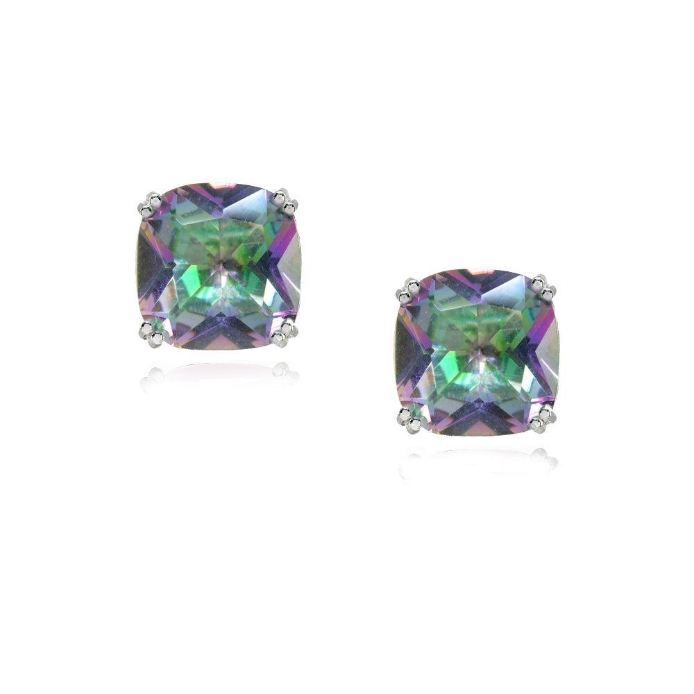 Sterling Silver Created Mult Colored Topaz 10mm Cushion-Cut Solitaire Small Stud Earrings-2