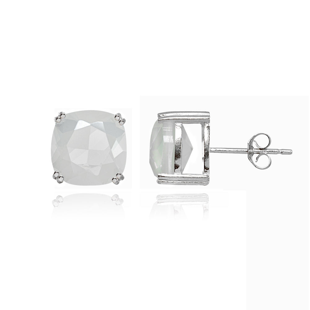Sterling Silver Created White Opal 10mm Cushion-Cut Solitaire Small Stud Earrings