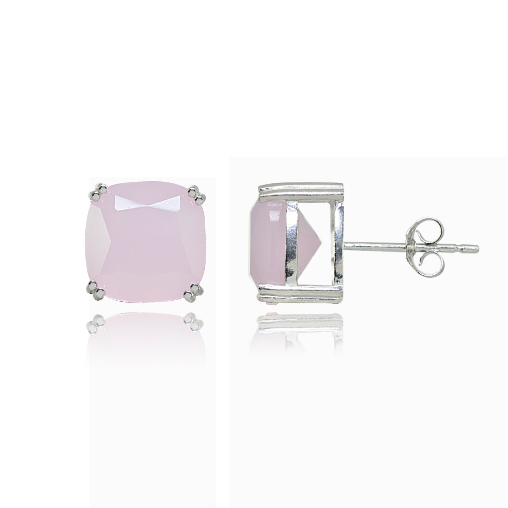 Sterling Silver Pink Crystal 10mm Cushion-Cut Solitaire Small Stud Earrings