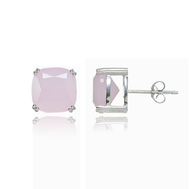Sterling Silver Pink Crystal 10mm Cushion-Cut Solitaire Small Stud Earrings