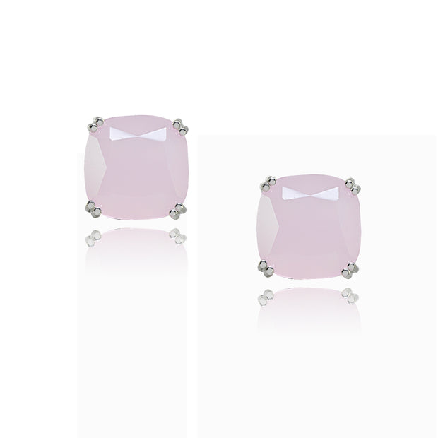 Sterling Silver Pink Crystal 10mm Cushion-Cut Solitaire Small Stud Earrings
