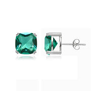 Sterling Silver Teal Glass 10mm Cushion-Cut Solitaire Small Stud Earrings