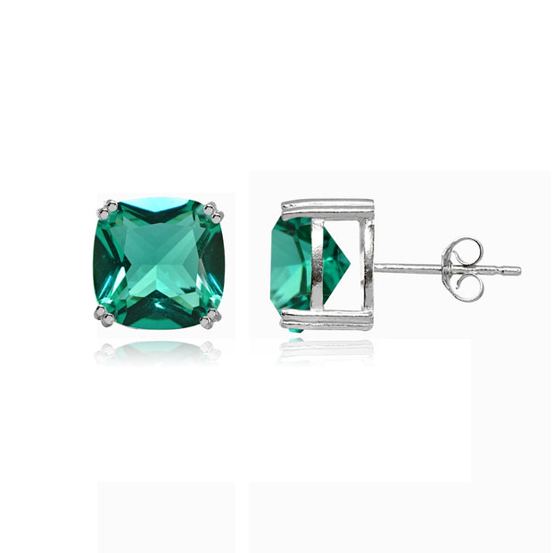 Sterling Silver Teal Glass 10mm Cushion-Cut Solitaire Small Stud Earrings