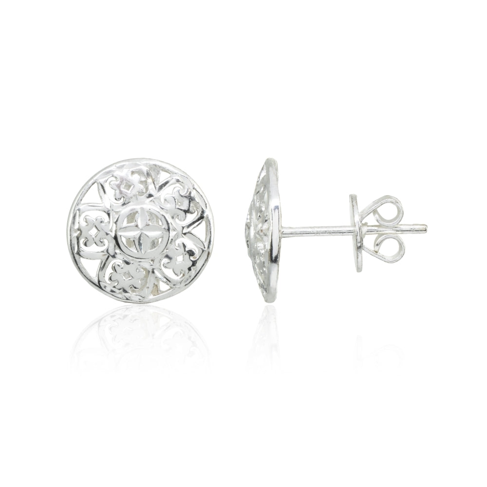 Sterling Silver Filigree Round Flower Button Stud Earrings