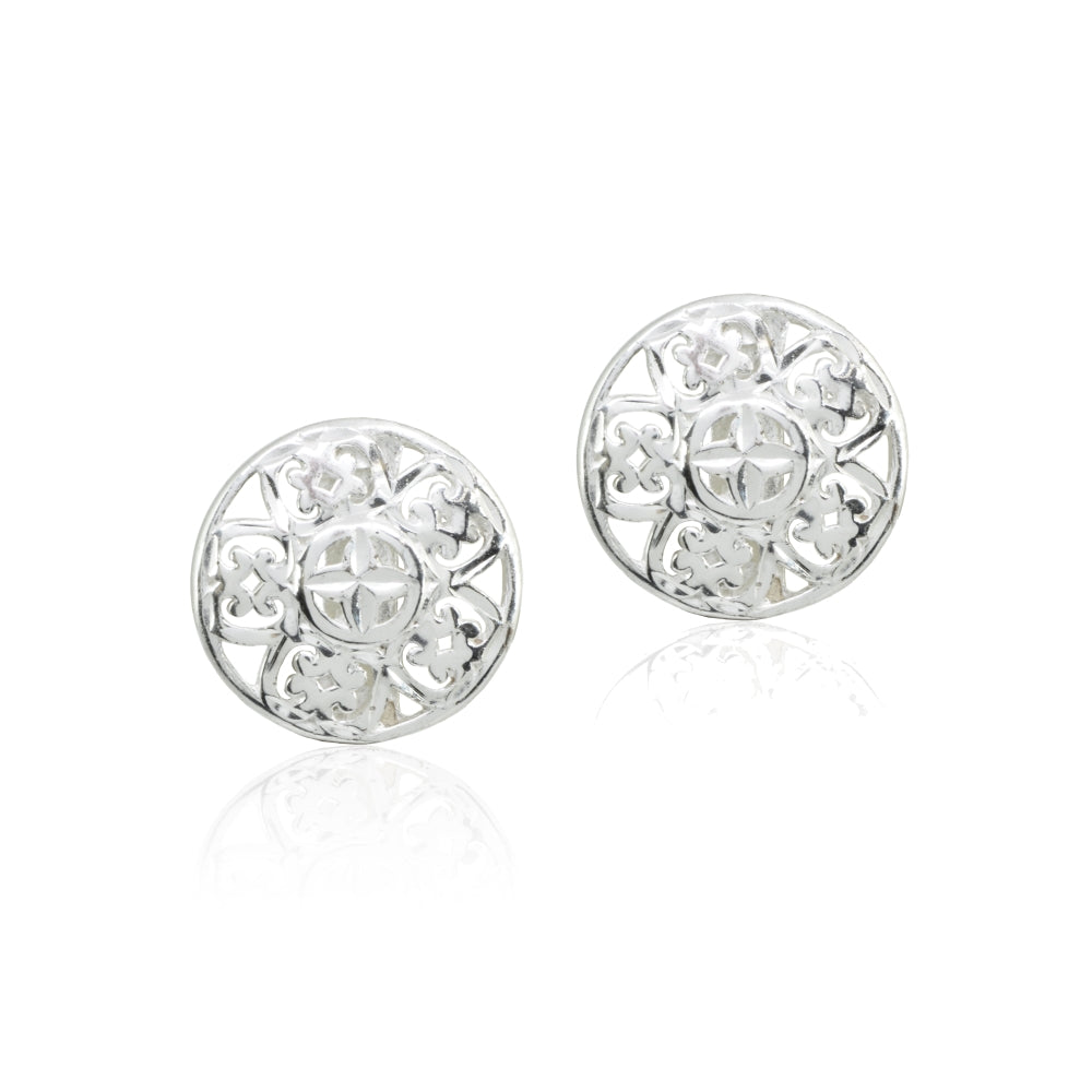 Sterling Silver Filigree Round Flower Button Stud Earrings-2