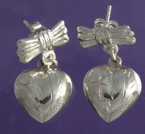 Sterling Silver Bow & Ribbon Heart Dangle Earrings