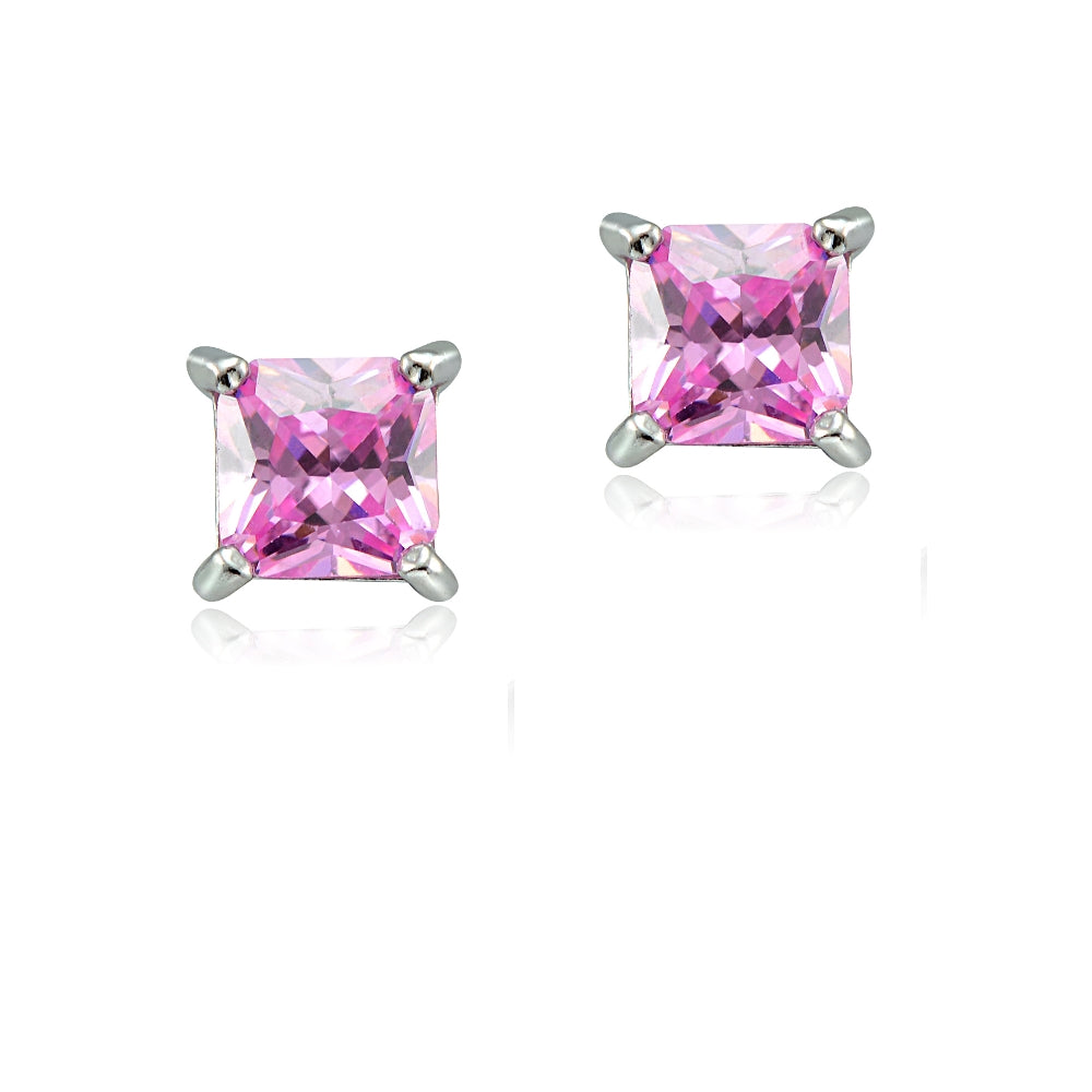 Sterling Silver 3/4ct Light Pink Cubic Zirconia 4mm Square Stud Earrings-2