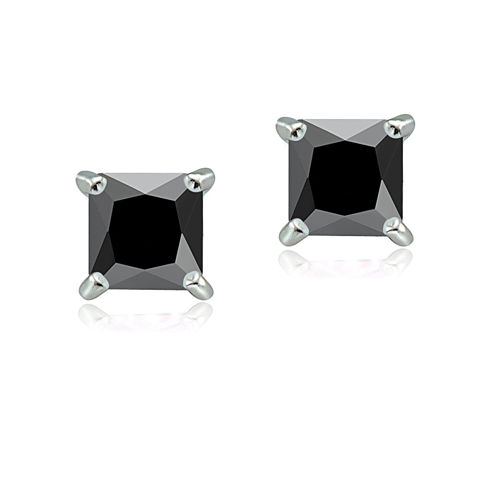 Sterling Silver 2.5ct Black Cubic Zirconia 6mm Square Stud Earrings-2