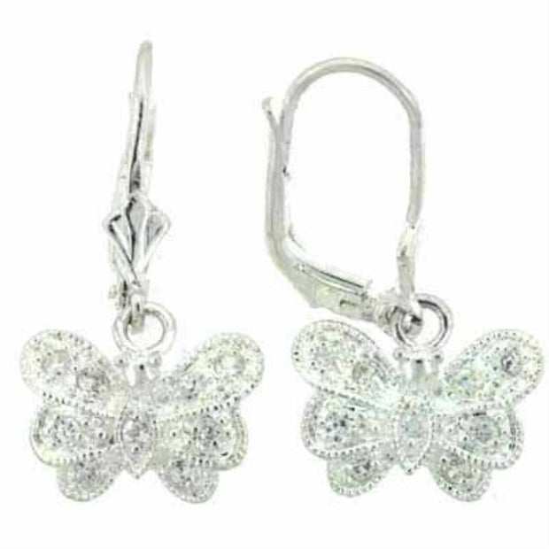 Sterling Silver CZ Butterfly Leverback  Earrings