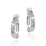 Sterling Silver Aquamarine CZ and CZ Omega Hoop Earrings