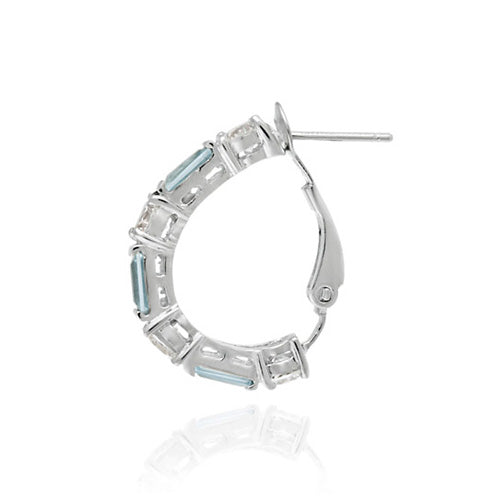 Sterling Silver Aquamarine CZ and CZ Omega Hoop Earrings-2
