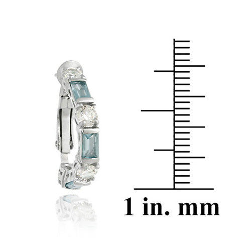 Sterling Silver Aquamarine CZ and CZ Omega Hoop Earrings-3