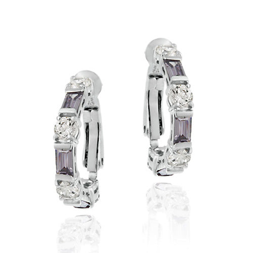 Sterling Silver Amethyst & White CZ Hoop Earrings