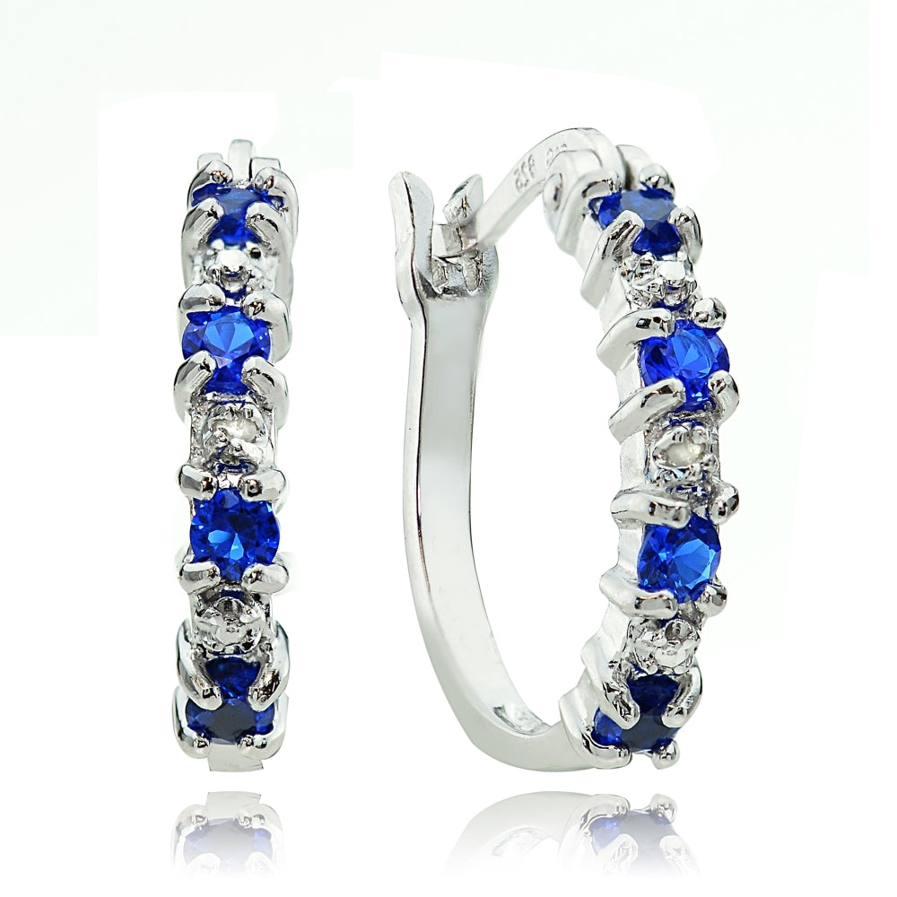 Sterling Silver Created Blue Sapphire & Diamond Accent Hoop Earrings