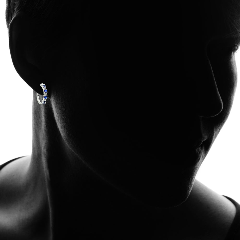 Sterling Silver Created Blue Sapphire & Diamond Accent Hoop Earrings-4