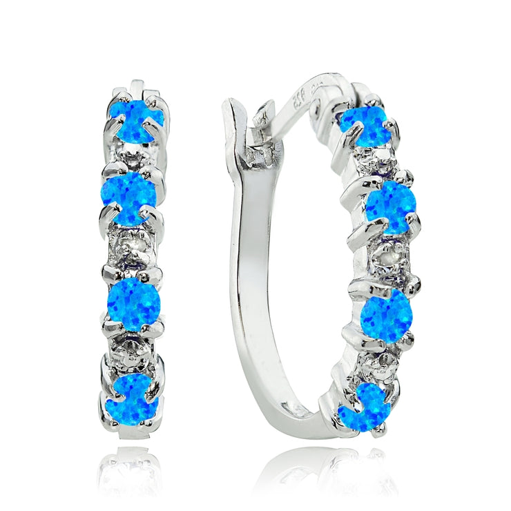 Sterling Silver Created Blue Opal and Diamond Accent Hoop Earrings