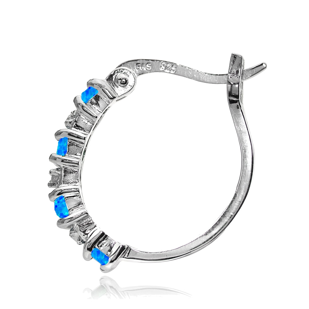 Sterling Silver Created Blue Opal and Diamond Accent Hoop Earrings-2