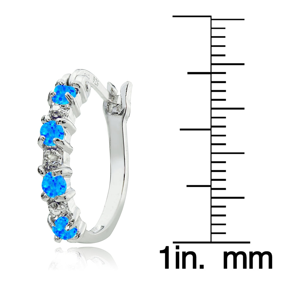 Sterling Silver Created Blue Opal and Diamond Accent Hoop Earrings-3