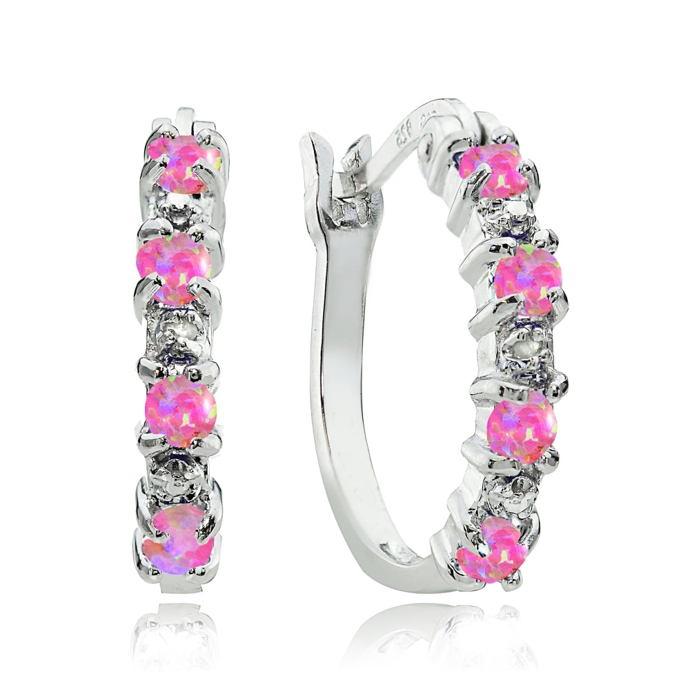 Sterling Silver Created Pink Opal and Diamond Accent Hoop Earrings