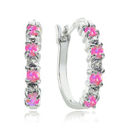 Sterling Silver Created Pink Opal and Diamond Accent Hoop Earrings