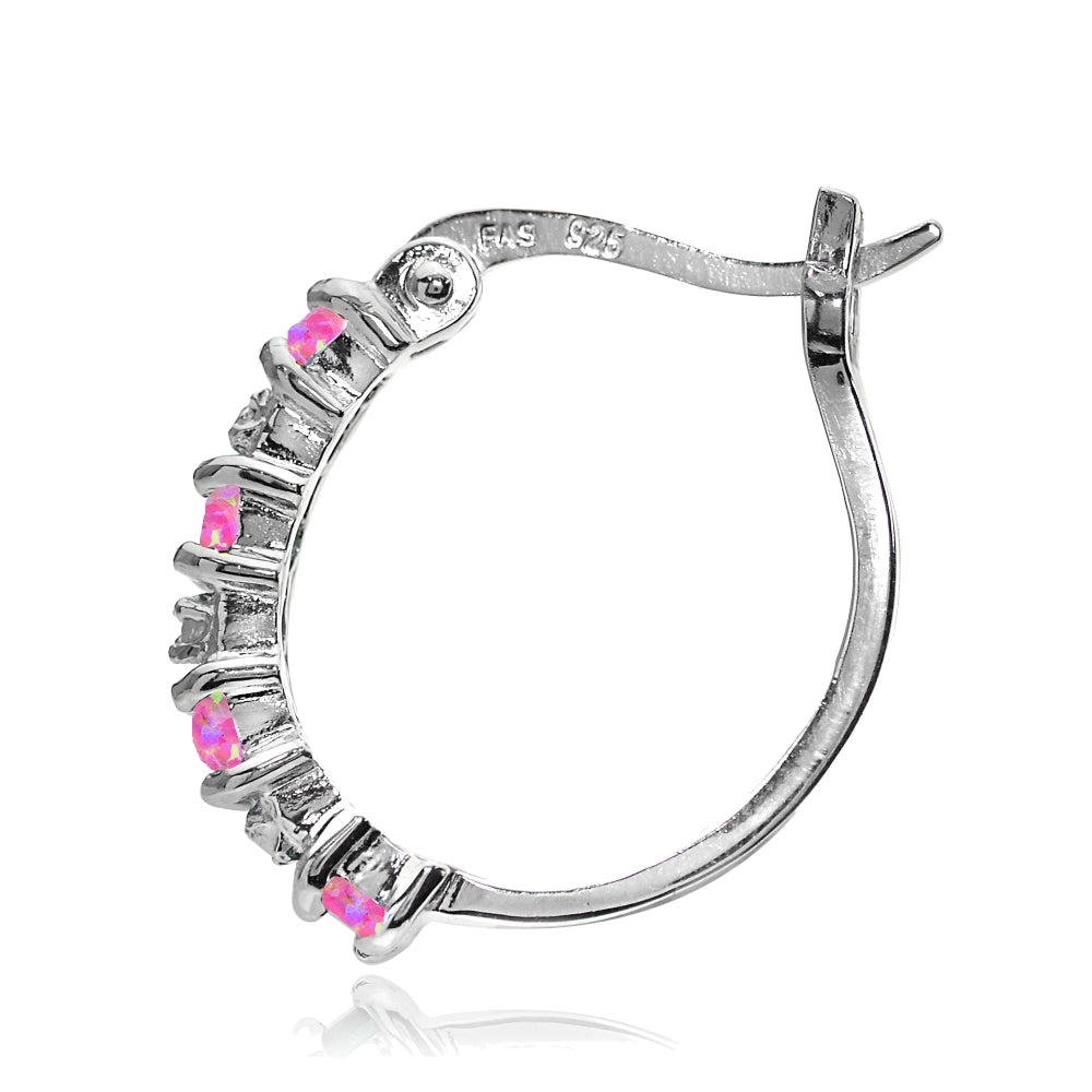 Sterling Silver Created Pink Opal and Diamond Accent Hoop Earrings-2