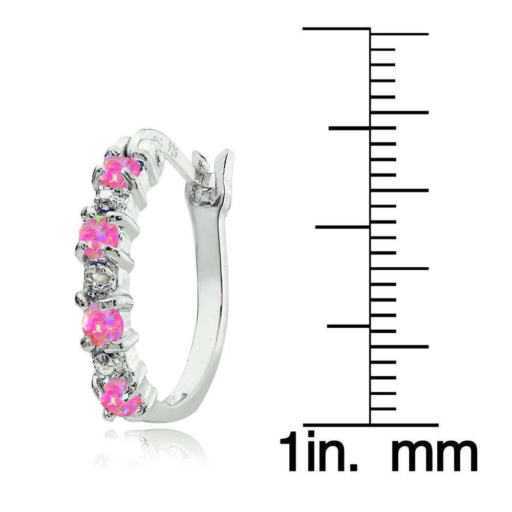 Sterling Silver Created Pink Opal and Diamond Accent Hoop Earrings-3