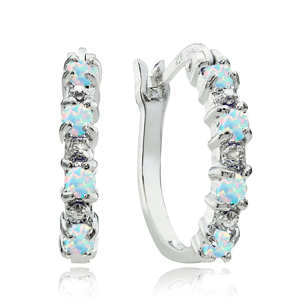 Sterling Silver Created Opal and Diamond Accent Hoop Earrings