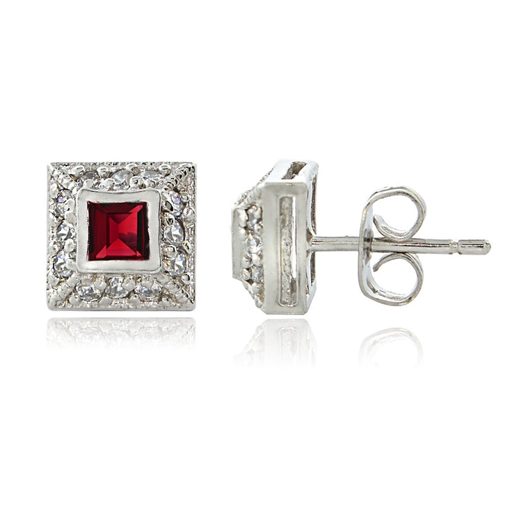 Sterling Silver Ruby Red CZ Square and CZ border stud Earrings